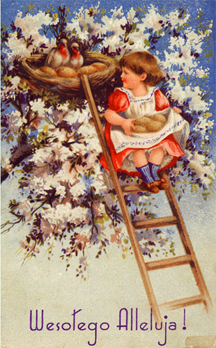 Kartka przedstawiająca dziewczynkę wybierającą jajka z gniazda. Dziewczynka siedzi na drabinie, ma czerwoną sukienkę. Na dole napis Wesołego Alleluja.